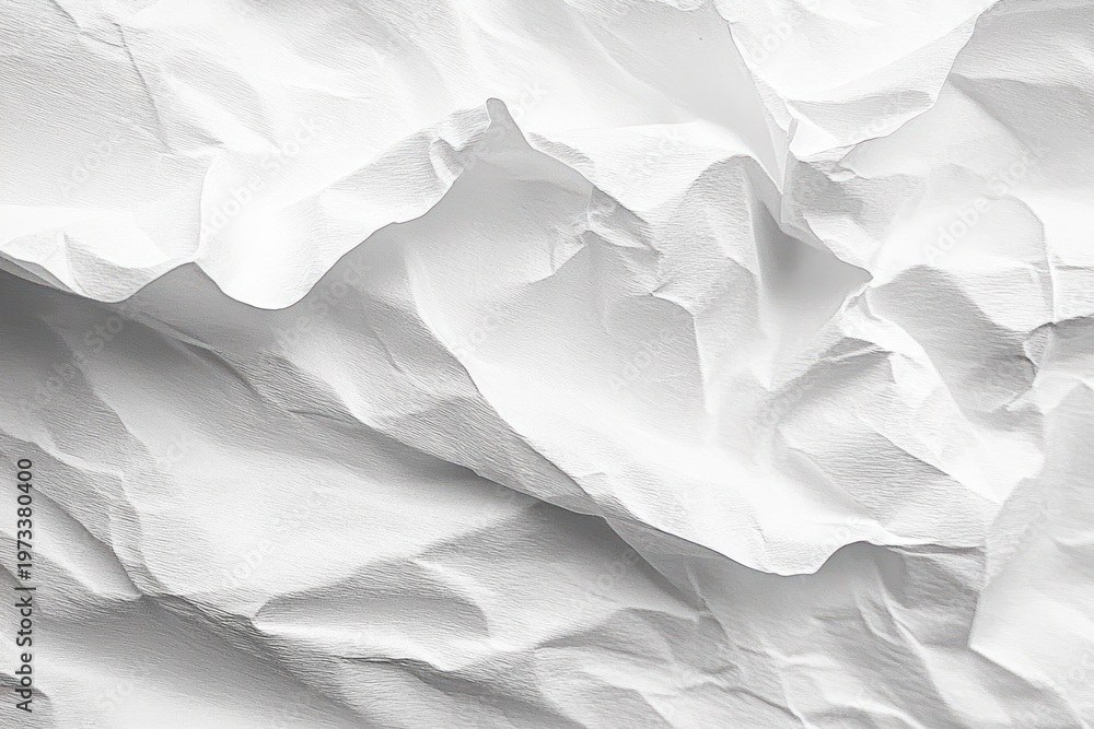 Fototapeta premium Crumpled white paper with sculpted folds, creases and soft shadows creating a textured abstract surface and a calm minimalist mood