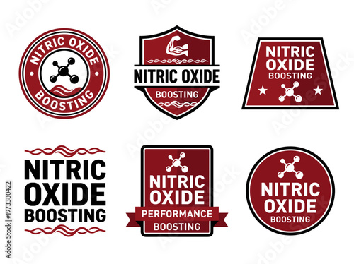 Performance boosting nitric oxide badges, supplement certification labels, professional muscle health emblem collection