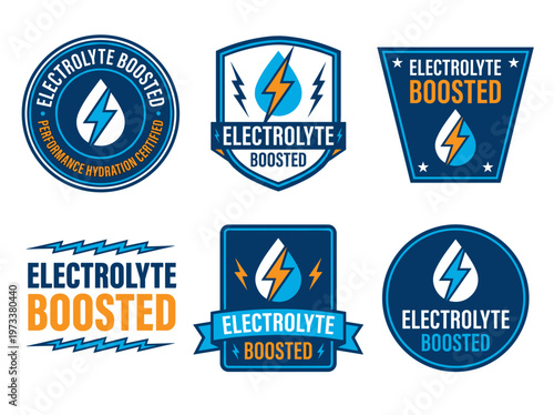 Athletic hydration emblem collection, electrolyte energy supplement labels featuring lightning bolt motifs and typography