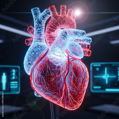 Advanced Digital Illustration of Human Heart with Medical Data Visualization.