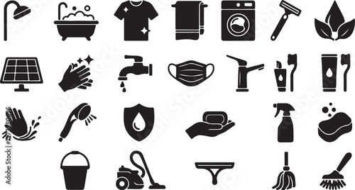 Vector icon set of essential hygiene, cleaning, and personal care items. Black silhouettes illustrate household tasks, daily sanitation, and health concepts