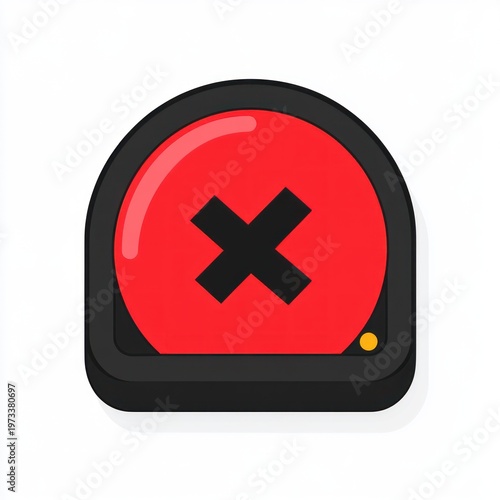 red circular alert button with a bold black cross mark in a dark rounded base with glossy highlight and small yellow indicator, conveying an urgent error and rejection feeling