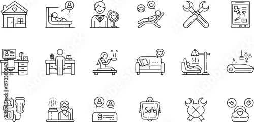 Home Care Services Elderly Wellness and Medical Support Outline Icon Set
