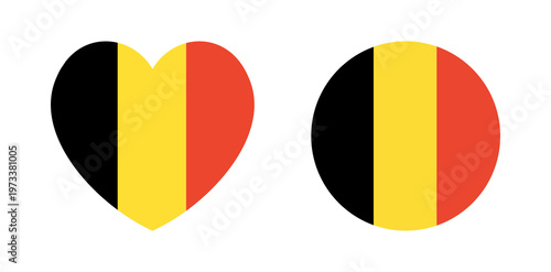 Flag of Belgium icon, sticker. National Belgian round, heart shaped flag badge, button. Set of circular, heart Belgian Flag button. Flag banner, sign in circle, heart shapes.