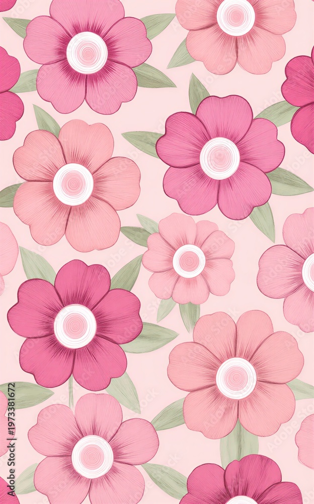 Fototapeta premium Pink flowers with green leaves on soft pink background in a cheerful