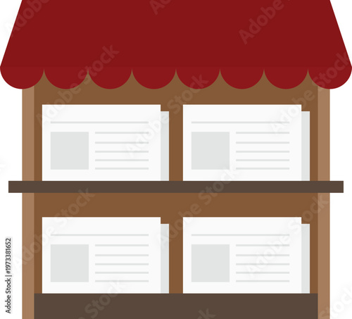 Vector illustration of a newspaper kiosk with a red striped awning and wooden stand. Multiple stacks of newspapers are displayed on shelves, representing street vendor concepts.