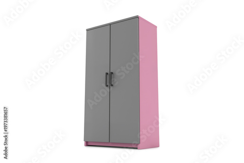 Tall Cupboard with Grey and Pink Color Scheme and Sleek Black Handles for Storage