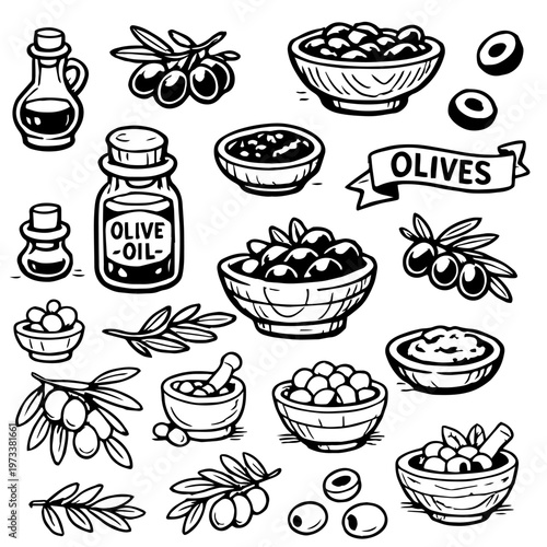 Hand drawn doodles olive branches and individual olives. Olive tree branches, oil packaging.