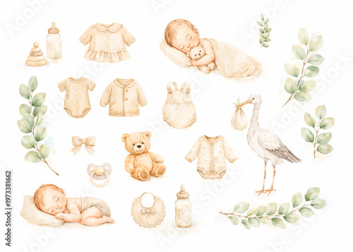 Watercolor baby illustrations set. Drawings for baby shower or newborn invitations	
