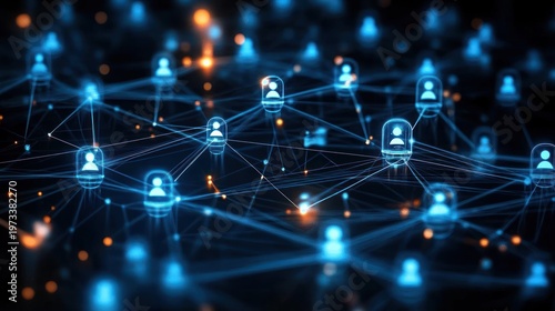 futuristic glowing blue network of connected user nodes and lines with orange data sparks conveying digital connectivity and collaboration