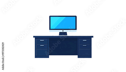 Desktop computer on desk with monitor and drawers representing office workspace equipment setup vector