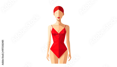 Woman wearing red swimsuit standing in simple pose representing summer fashion and lifestyle concept vector