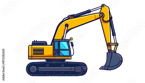 Excavator digging machine with extended arm representing heavy construction equipment on site vector