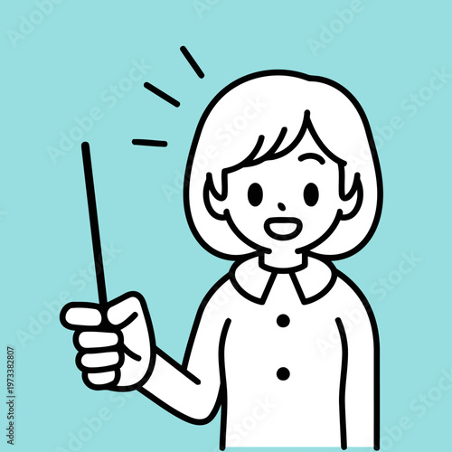Smiling woman holding a pointer stick, presenting an idea with a bright, enthusiastic expression against a light blue background.