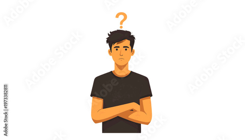Confused man with question mark above head expressing uncertainty and thinking concept illustration vector