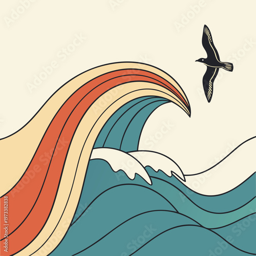 A colorful wave with a bird flying overhead