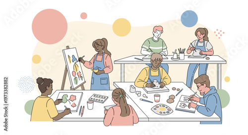 Diverse group of adults painting in art class with colorful artwork in modern studio for creative education