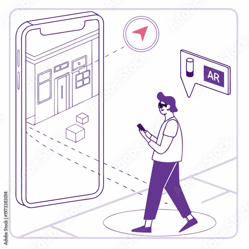 Man walking and using smartphone with augmented reality