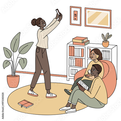 A woman taking a photo of a man and woman on a couch