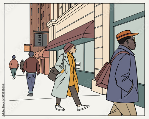 People walking on a city sidewalk