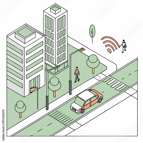 A city street with a car and a tall building