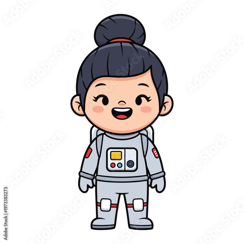 Cartoon illustration of a cheerful young girl wearing a white astronaut suit with a bun hairstyle on a clean white background.