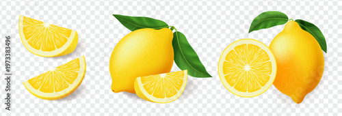 Realistic lemon fruits. Collection of whole lemons, slices and pieces with green leaves, fresh juicy ripe citrus set, highly detailed natural illustration isolated on transparent background for design
