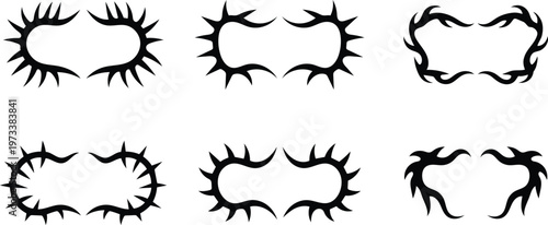 Collection of six distinct tribal flame and sharp thorn border designs isolated on transparent background for graphic use