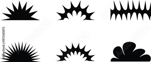 Collection of six black graphic elements representing abstract sunbursts and floral shapes isolated on transparent background