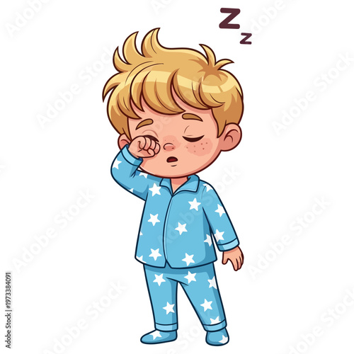 Cartoon illustration of a sleepy young boy in blue starry pajamas yawning with one hand on his face and zzz symbol above his head on a white background.