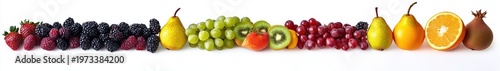 panoramic row of fresh assorted fruits and berries on white background, vibrant strawberries, raspberries, blackberries, pears, green and red grapes, sliced kiwi, peach and orange, bright and inviting