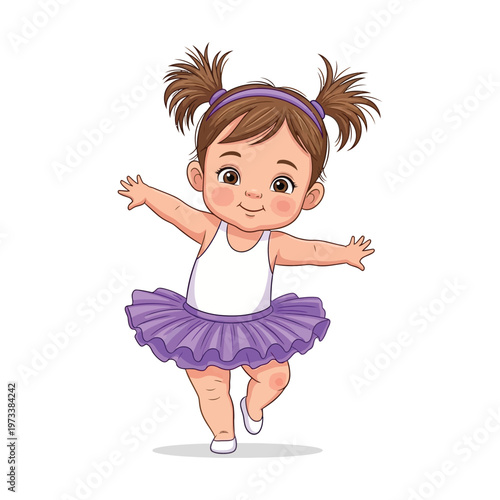 Cartoon illustration of a cheerful little girl in a purple tutu and white leotard dancing on a plain white background.