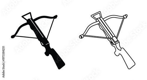 Two crossbow depictions one solid black and one outlined presented as a silhouette