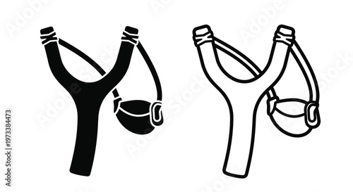 Two depictions of a slingshot one filled and one outlined silhouette