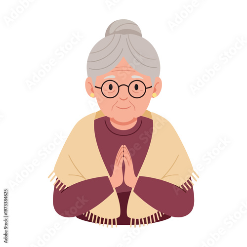 Illustration of a smiling elderly woman with her hands clasped together in a prayer-like gesture wearing glasses and a shawl against a plain white background.