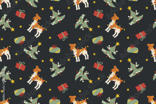 Cute seamless Christmas pattern with dogs, holiday tree, gifts and festive decorations, winter holiday background for wrapping paper and textile design, dark backgroumd