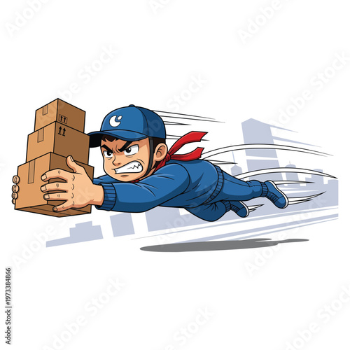 Fast delivery worker mascot character rushing through the city with cardboard packages in a dynamic vector graphic flat illustration design
