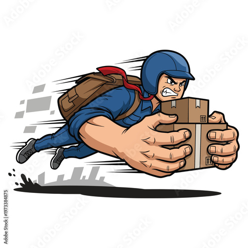 Dynamic vector graphic illustration of a determined delivery man racing to swiftly transport packages, showcasing speed and efficient service.