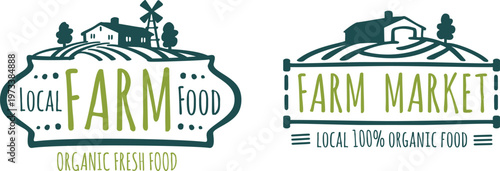 Promotional logos for local organic food and farm market businesses.