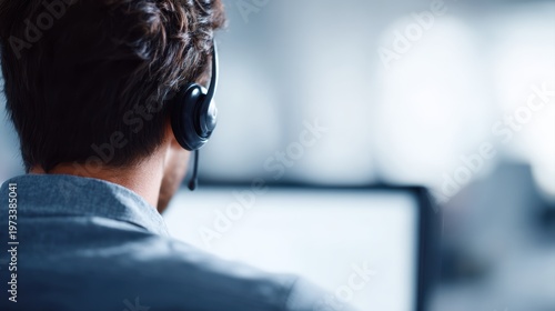 Naklejka Technical support agent analyzing system information on desktop computer at call center
