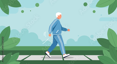 Elderly Man Walking Outdoors in a Blue Tracksuit, Healthy Lifestyle