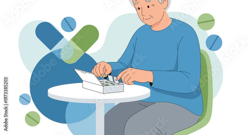 Elderly man sorting pills in a pill organizer, healthcare concept