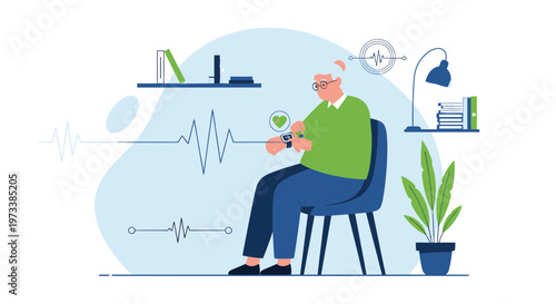 Elderly man using smartwatch for health monitoring, heart rate and EKG display
