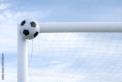 Soccer Ball Hitting Goal Post Crossbar with Sky Background