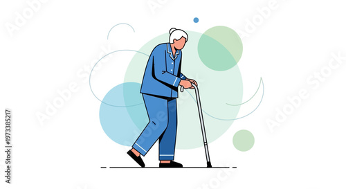 Elderly person with cane walking, symbolizing aging, health, and support