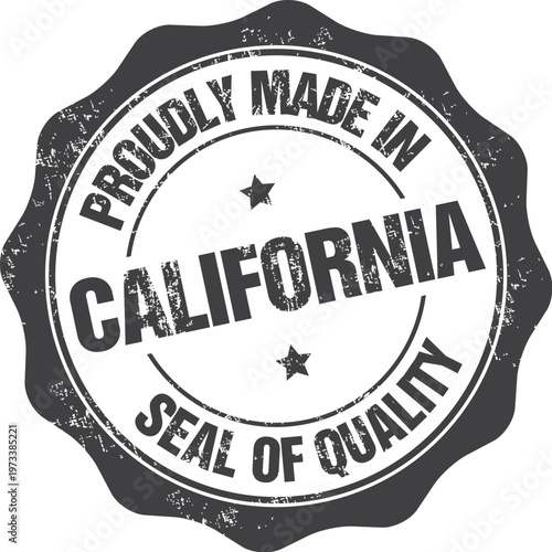 Proudly Made In California. Vector Black Rubber Stamp.