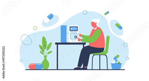 Elderly person using advanced medical device at home, healthcare technology concept