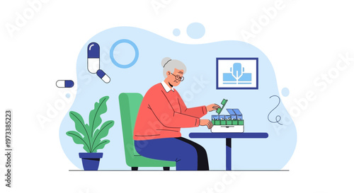 Elderly woman counting money for medication, healthcare costs concept