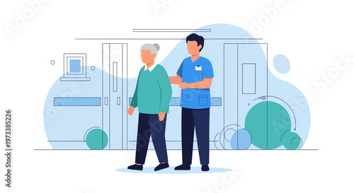 Elderly woman walking with a caregiver in a modern clinic or hospital setting