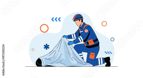 Emergency worker covers body with blanket after disaster, rescue operation concept